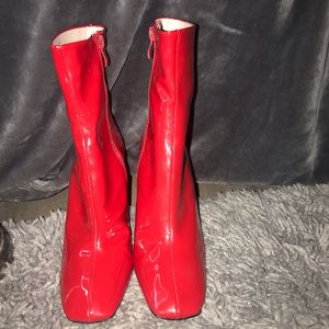 Red Vinyl Block Heeled Booties
